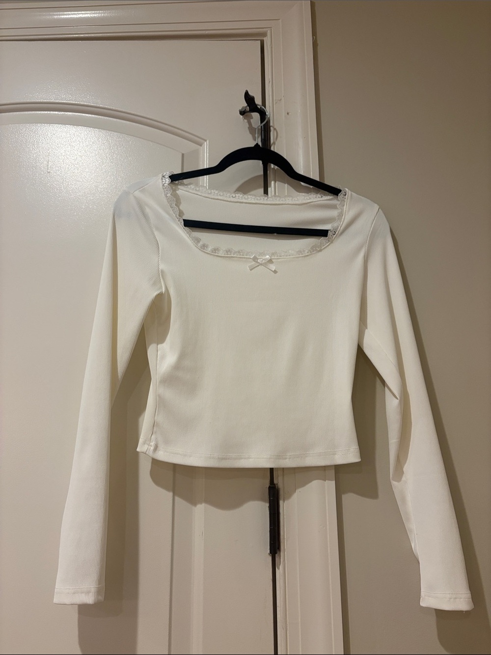 Women's Cream Long-Sleeve Square Neck Top with Lace Trim